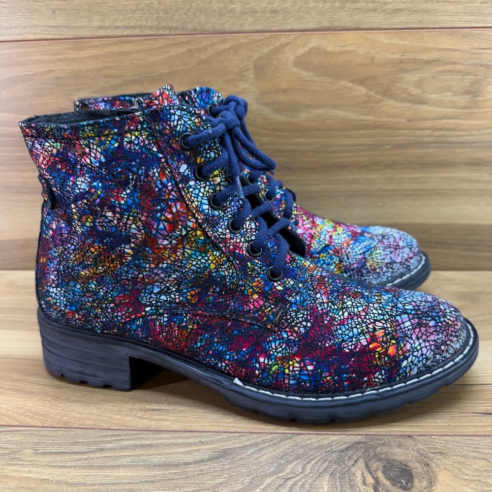 V ITALIA Cracked Leather Combat Boots Womens 8 8.5 EU 39 Blue Multi Lug Zip